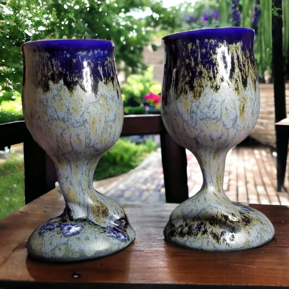 Doug Wylie Whale Tail Set-2 Wine/Water Handmade Goblet Blue/Grey Drip Pottery - Picture 3 of 15